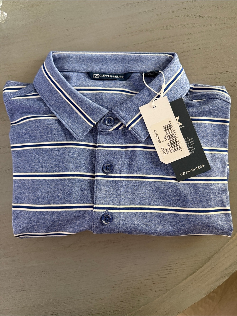 Cutter & Buck Striped Heathered Blue Polo with White Lines